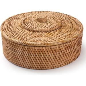 Rattan Basket With Lid, Lidded Wicker Storage Basket for Organizing, Woven Box, Rattan Storage Bin for Shlef or Table, Natural