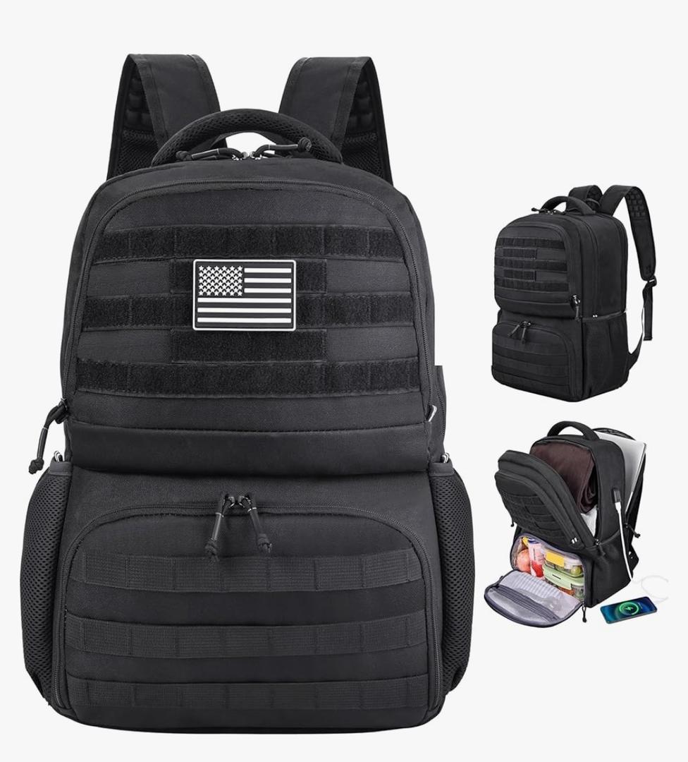 MOZETO Laptop Lunch Backpack for Men, Tactical Inspired Utility Anti-Theft Work Bag with Cooler Compartment Lunchbox (Black, 17 Inch)