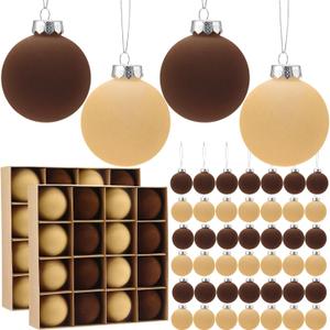 Hollowfly 48 Pcs Velvet Christmas Balls Bulk 3.15 Inch Flocked Ball Ornaments Xmas Plastic Decorative Hanging Ornaments for Holiday Party Christmas Tree Decorations (Beige,Brown)