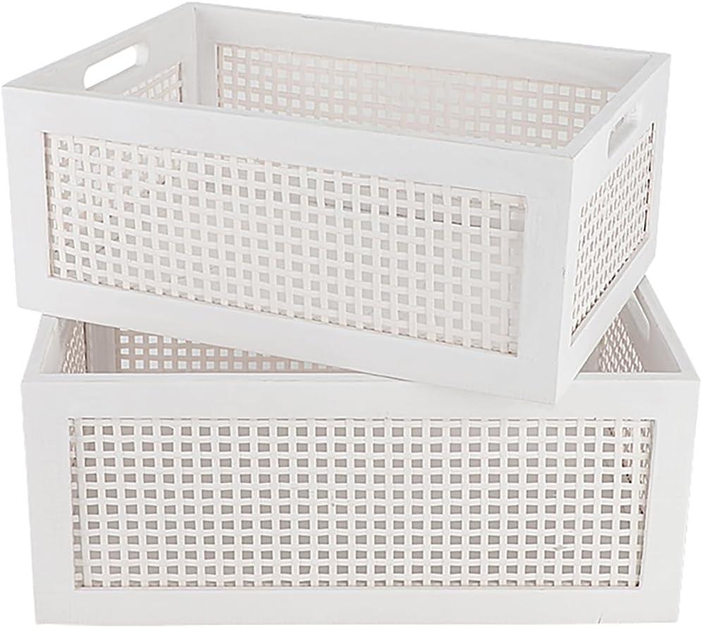 Wood Storage Baskets, Rattan Storage Baskets, Desk Office Drawer Storage Box. White, Set 2
