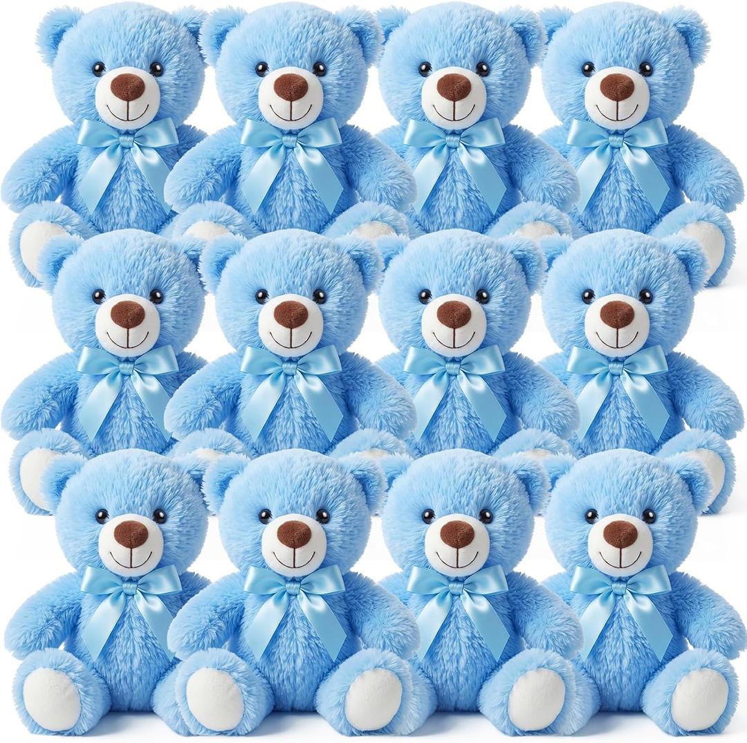 Blueweenly 12 Pack Bear Stuffed Animals Bulk 10 Inch for Baby Shower Decorations Plush Toys Bear Party Favors Table Centerpiece Birthday Christmas Valentine's Gifts (Blue)