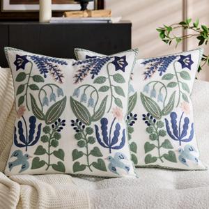 Embroidered Flower Spring Throw Pillow Covers 18x18 Set of 2, Farmhouse Floral Decorative Cushion Cases with Zipper for Rustic Couch Bed Aesthetic (Bird Floral Vine, 18" x 18" (Pack of 2))