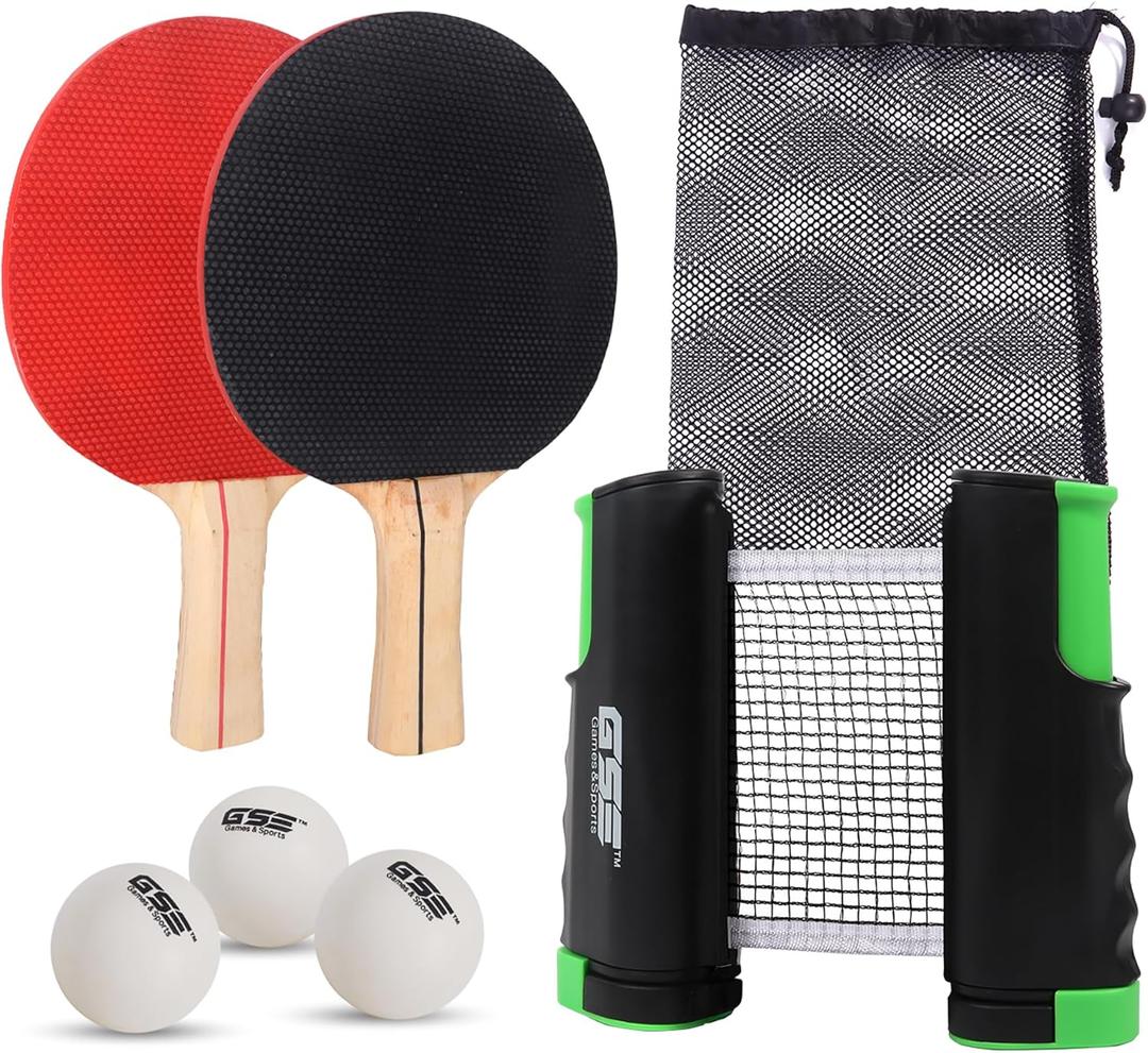 GSE Games & Sports Expert Adjustable Retractable Ping Pong Net Set & Post. Professional Table Tennis Rackets and Balls, Net with Posts and Storage Bag - Pingpong Paddle and Game Table Accessories. (Table Tennis Set-Black)