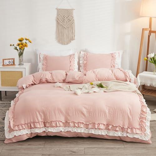 Jolusere Pink Ruffle Duvet Cover Queen Girls Shabby Chic Farmhouse Bedding Set 3Pcs 100% Washed Microfiber Duvet Cover Set Boho Vintage Ruffled Bedding with Zipper Closure & Corner Ties,2 Pillowcase