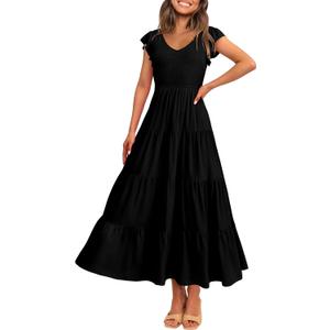 PRETTYGARDEN Women's Summer Flowy Maxi Dress Casual Cap Sleeve V Neck Smocked Beach Sundress (Solid Black, Small)