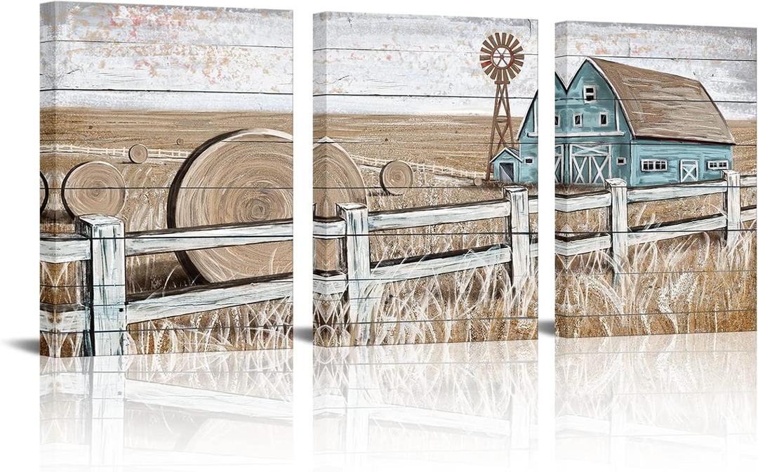 Apicoture Barn Wall Art Farmhouse Wall Art Fram Landscape Painting Teal Old Barn Rustic Country Farm Decor Picture for Bedroom Living Room Ready to Hang Size 12"x16"x3Panels