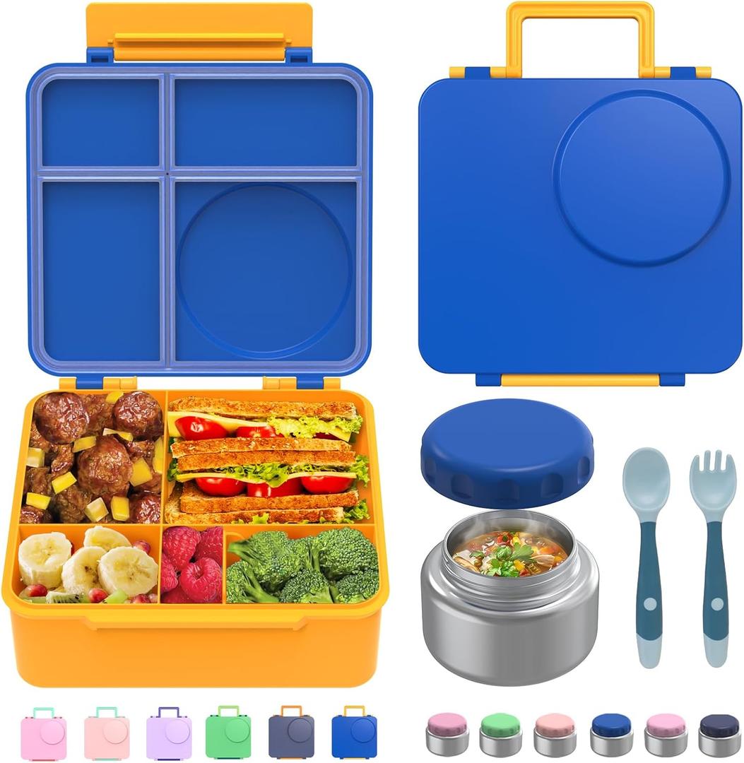 Bento Box for Kids - Leak-Proof Bento Lunch Box with Insulated Thermos Food Jar - 4 Compartments, 1 Removable Divider, 1Spoon, 1 Fork - Dishwasher Safe, BPA-Free (Blue)