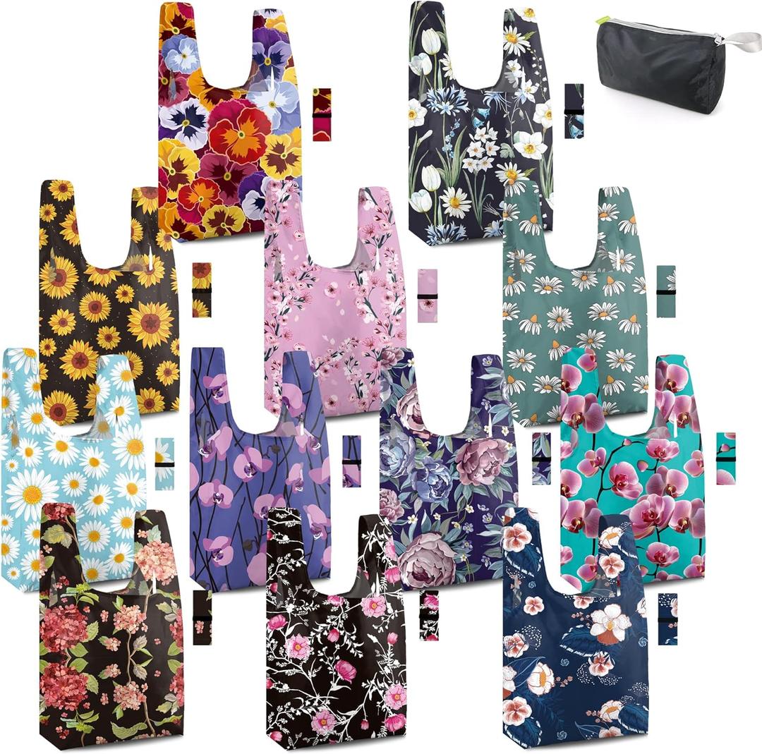 BeeGreen Large Flower Tote Bag - 12 Pack Heavy Duty Reusable Grocery Bags and Foldable Shopping Bags for Groceries, Cute Travel Reusable Gifts,Lightweight Washable Cloth Bag With Handles for Women (Flowers-yellow, Purple, Pink, Green, Black, Red)