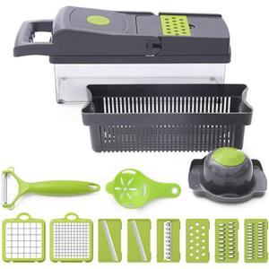 Vegetable Chopper With One-Touch Cleaning Button, 11-In-1 Multi Blade With Colander Basket , Kitchen Gadgets Accessories, Kitchen Must Haves Food Chopper Manual Hand for Fruit Potato Onion Egg