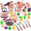 56Pcs Mini Play Kitchen Accessories for Kids, Pretend Cooking Playset with Cookware, Tableware & 2 Fruit Sets, Learning Gift for Girls, Boys, Toddlers, Pink