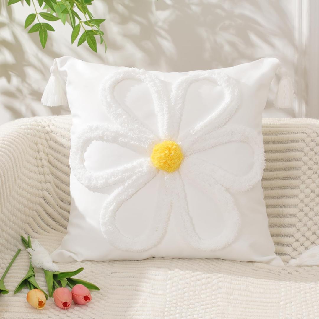 Spring Summer Pillow Covers 18x18 inch Farmhouse Decor White Daisy Pillowcase with Tassels Soft Daisy Embroidered Throw Pillow for Bedroom Sofa Spring Summer Home Decor