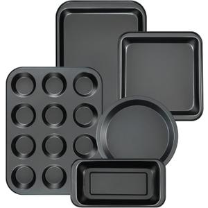 Kitchen 5-Piece Nonstick Bakeware Set - Round/Square Cake Pans, Muffin Pan, Loaf Pan, Roast Pan & Baking Sheets (Black)