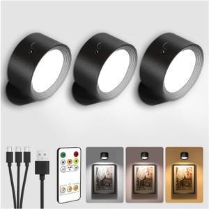 LED Wall Mounted Lights, Rechargeable Wall Sconces with Remote & Touch Control, 3 Color Temperatures 360° Rotation Dimmable Cordless Wall Light for Bedroom Study Reading Bedside (Black, 3 Pack)