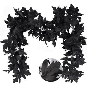 RECUTMS Black Maple Leaf Garland 5.7Ft Artificial Autumn Garland 2Pcs Halloween Hanging Fall Maple Leaves Vines Black Halloween Wreath Fall Foliage Decor for Thanksgiving Indoor Outdoor Wall Mantle
