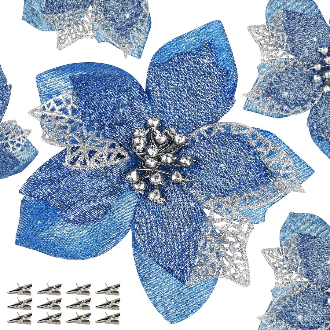 12 PCS Poinsettia Flower Artificial Poinsettia Christmas Decoration 5.9'' Blue Glitter Poinsettias Christmas Ornaments Christmas Tree Flower Decor with Clips DIY Xmas Wreath Holiday Home Party Decor