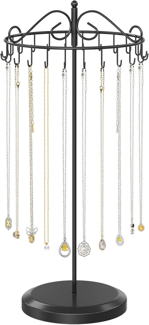 iDavosic.ly Rotating Necklace Holder Organizer with 24 Hooks, Adjustable Metal Bracelet Display Stand Rack, Extra Tall Keychain Spinning Tree Tower for Women, Black (Black - 1 Tier)