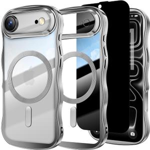 Misscase for iPhone Air Case with Privacy Screen Protector,Compatible with MagSafe,Cute Wave Frame Anti-Scratch Case with Camera Lens Protector Plating Bling Case for iPhone 17 Air Silver