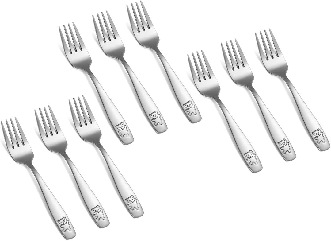 Pimoys 9 Pieces Toddler Forks Kids Fork, Kids Silverware Stainless Steel Childrens Safe Flatware Metal Baby Utensils Set Small Forks for Self Feeding, Dishwasher Safe