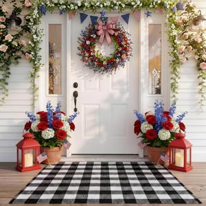 Tinideya 4' x 6' Spring Outdoor Porch Rug Black and White Checkered Buffalo Plaid Outdoor Rug Plastic Straw Front Doormat Deck Waterproof Mat for Outside Indoor Garden Lawn Balcony Porch Spring Decor