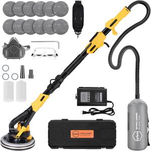 Brushless Drywall Sander, 1200W 10-Amp Popcorn Ceiling Removal Tool with 800-2200RPM 8 Variable Speed 12pcs Sanding Discs Drywall Sander with Vacuum Dust Collector LED Light for Ceiling Sanding