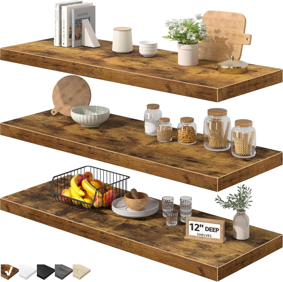 QEEIG 12" Deep Floating Shelves for Wall (Brown, Set of 3, 35.4" x 12")