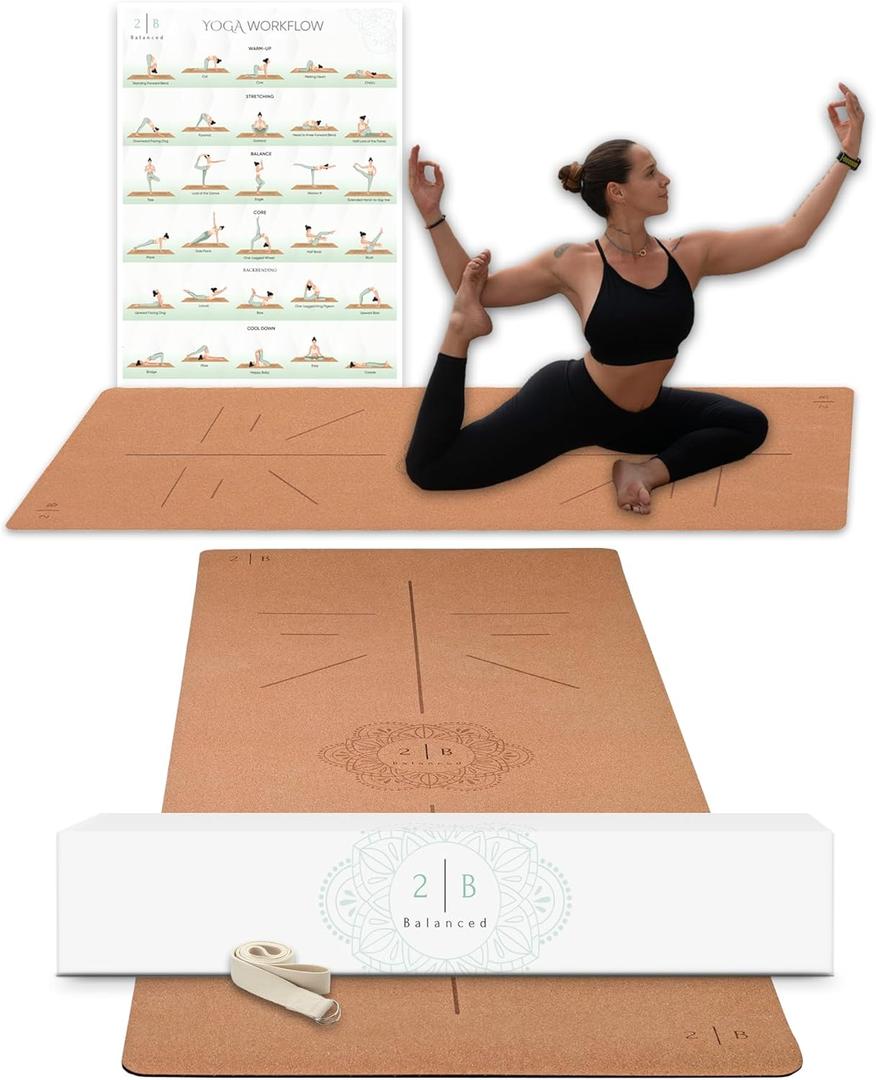 2 B BALANCED Premium Cork Yoga Mat - Always Stays Flat - Non Toxic - Non Slip - Brown - Cork & Rubber (Regular, Natural)