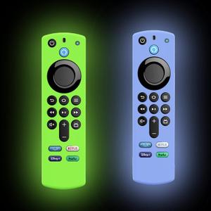 Glow Remote Cover Replacement for TV (3rd Gen) 2021 Release Voice Remote, 2-Pack Silicone Protective Case Sleeve with Lanyard Glow in Dark (Fluorescence Green and Blue)- LEFXMOPHY (Green and Blue)