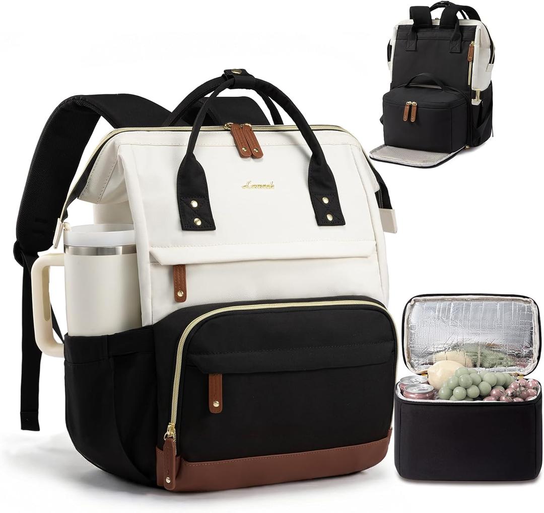 LOVEVOOK Lunch Backpack for Women, 15.6 Inch Laptop Backpack with Insulated Lunch Compartment, Built-in Cooler Work Bag, Wide Open Computer Backpack with Tumbler Holder, Water-Resistant Nurse Teacher