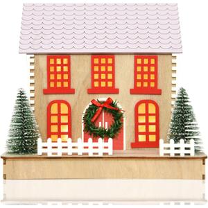 Christmas Scene Village Houses with LED Lights-Christmas mini Glow House Decoration-Wooden Crafts-Home Desktop Decorations Battery Operated Decoration for Winter Xmas Holiday Party L/UP VILLAGE