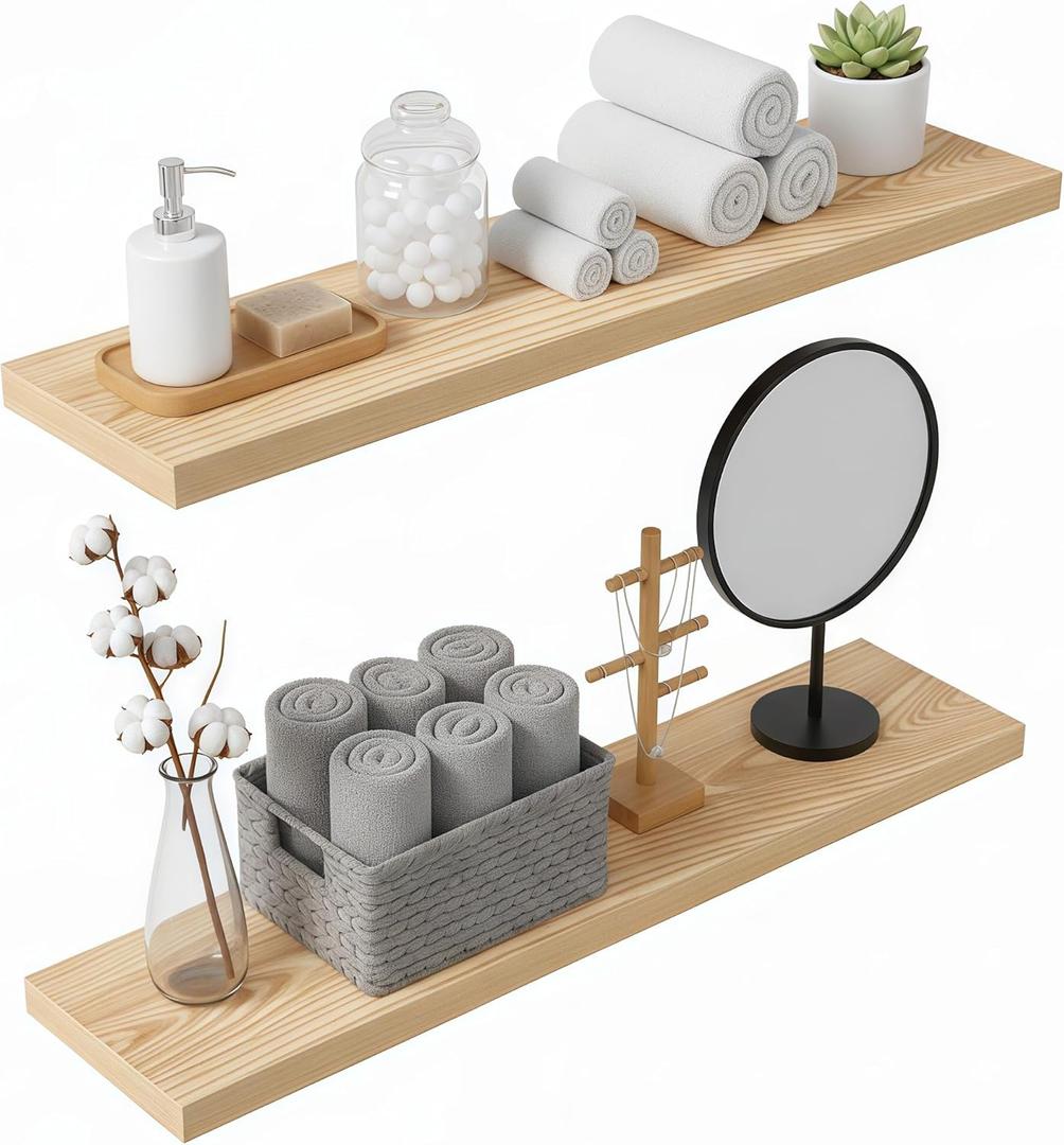 Lufia Floating Wall Shelves, Set of 2, MDF with Invisible Brackets, Modern Storage for Bedroom, Bathroom, Living Room, Kitchen (Oak, 32" W x 7" D x 1.5" H)