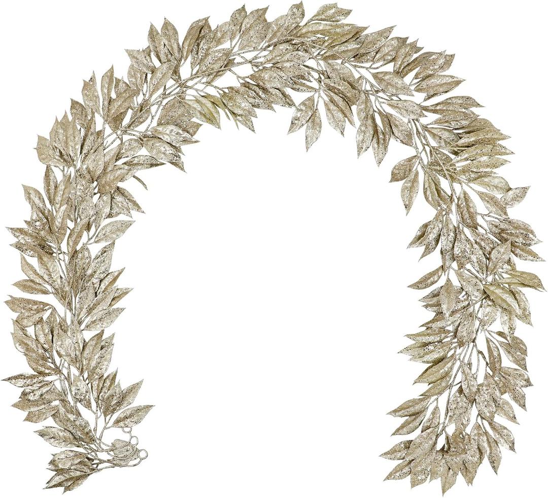 Hollyone 3 Pcs 7.5FT Christmas Garland Champagne Gold Glittered Artificial Magnolia Leaves for Mantle Christmas Tree Decorations Indoor Outdoor Hanging Garland Ornaments Door Wall Window Home Decor