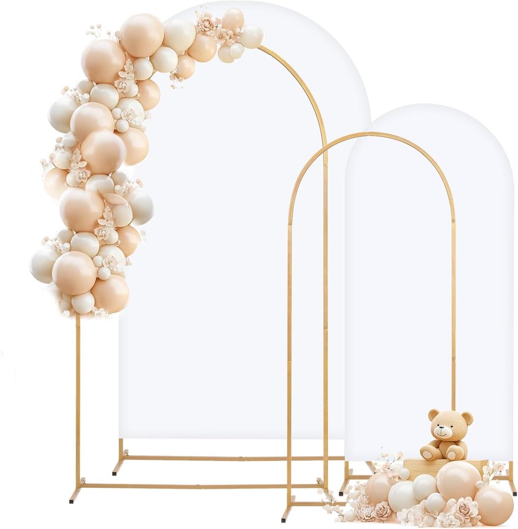 Metal Arch Backdrop Stand and Cover Set of 2, Sturdy 7.2FT, 6FT Party Backdrop Set, Wedding Arch Frame and Cover Set for Birthday, Baby Shower,Christmas, Anniversary (White)