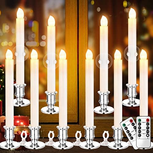 YAUNGEL Window Candles, 10 Pack LED Battery Operated Christmas Candles for Windows with Remote Electric Candle Lights with Removable Candle Holders Suction Cups for Christmas Decorations, Silver