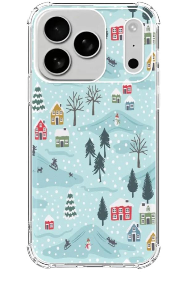 Winter Village House Phone Case Compatible with iPhone 17 Pro Max, Cute Christmas Trees Snowman Cover, Cool TPU Phone Case Cover