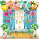 Summer Tropical Party Decorations, Beach Birthday Bash Party Supplies Hawaiian Summer Banner Artificial Palm Leaves Hibiscus Flowers Fringe Curtain Foil Balloons for Aloha Luau Decor(Orange Blue)