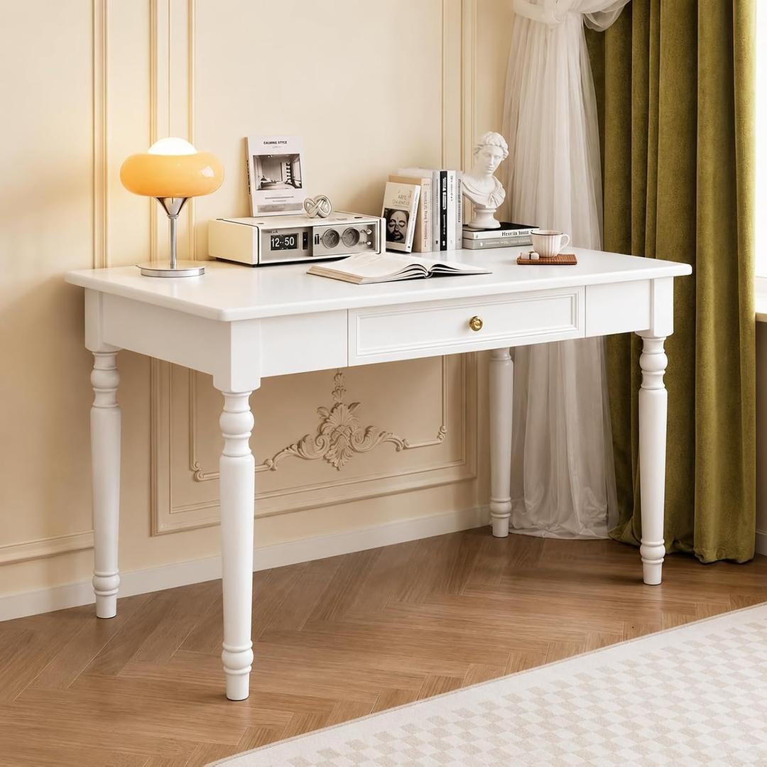 Vintage Solid Wood Writing Desk with Drawers,White Vintage Vanity Desk, 31.5IN