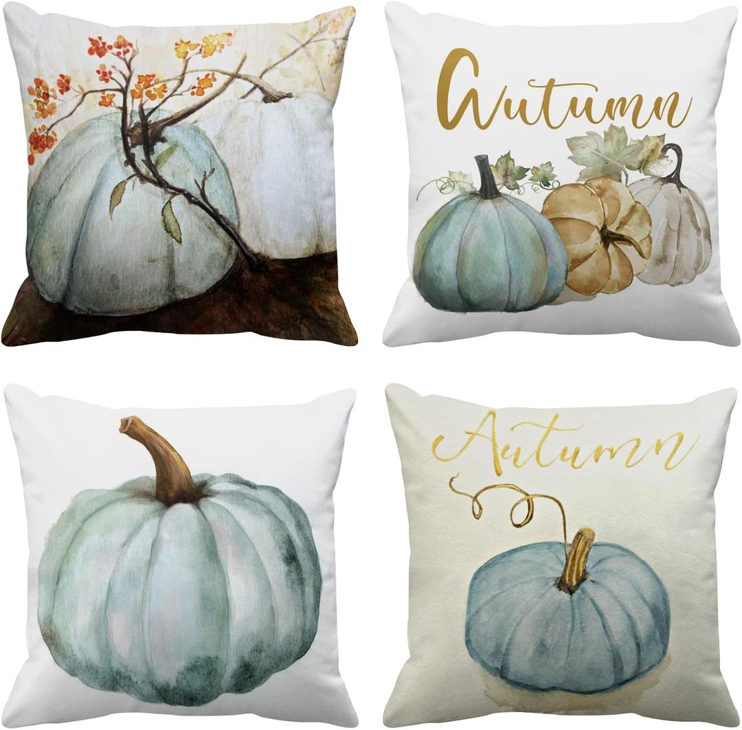 Emvency Set of 4 Decorative Throw Pillow Case Cover Autumn Pumpkins White Blue Gray Pumpkin Fall Watercolor Home Square Decor Pillow Cases Covers Cushion Sofa Size 18x18 Inches Double Sided