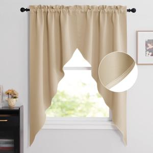 NICETOWN Room Darkening Pole Pocket Kitchen Tier Curtains- Tailored Scalloped Valance/Swags for Nursery for Basement (Biscotti Beige, 2 Pieces, 72 inches Wide Combined, 63 inches Long)