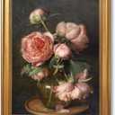 HUYKON Vintage Gold Frame Floral Wall Art Classical Pink Peony Still Life Poster Retro Soft Romantic Botanical Oil Painting Peonies in Glass Vase Canvas Print for Bedroom Living Room Decor 12x16inch (Blooming Flower)