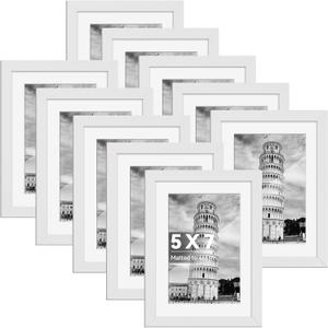 HappyHapi 5x7 Picture Frame Set of 10, White Picture Frame Display Pictures 4x6 with Mat or 5x7 Without, Tabletop or Wall Display, Multi Photo Frames Collage (White) (5x7 inch)