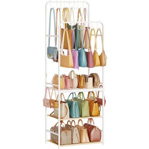 Large Tall Purse Organizer for Closet with 14 Purse Hanger, Double Rods Purse Rack Stand with 8 Side Hooks, 5-Tier Handbag Organizer Shelf, Space-Saving Purse Storage Organizer for Small Place