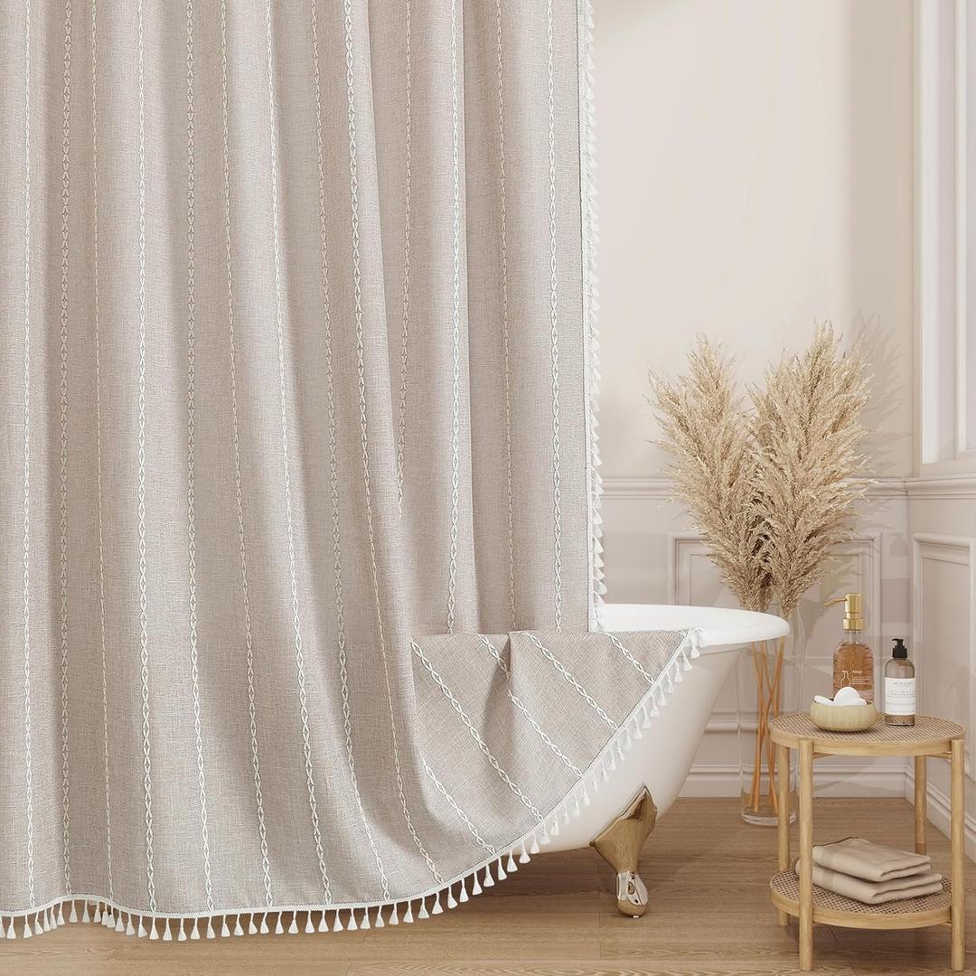 MitoVilla Boho Farmhouse Fabric Shower Curtain, Tan Brown Modern Polyester Linen Shower Curtains for Vintage Rustic Bathroom Decor, Country Tassel Thick Cloth Shower Curtain, Taupe, 72 x 72
