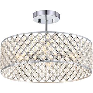 Chrome Crystal Ceiling Light Fixture,Modern Semi Flush Mount Ceiling Lighting Fixture,Round Small Chandelier for Dining Room, Hallway, Entryway, Kitchen, Bedroom,Foyer,4 Light,15.7 inch