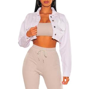 Women's Crop Top Jean Jacket Button Down Long Sleeve Cropped Denim Jacket Coat, Medium