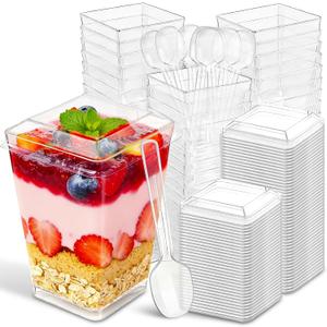 Ginkgo 100 Sets (300 Pieces) 5 oz Dessert Cups with Lids and Spoons, Clear Plastic Parfait Cups, Disposable Appetizer Cups for Pudding, Jello, Mousse, Ice Cream, Party & Catering Supplies