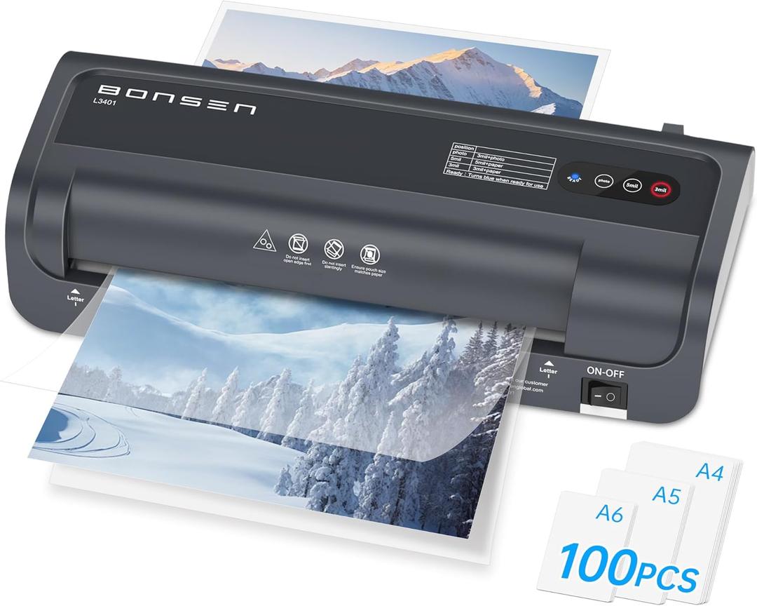 BONSEN A4 Laminator Machine, 9.33-Inch Thermal Laminator with Never Jam Technology, 100 Laminating Sheets, Laminates Photos Cards Documents, 4-in-1 Personal Laminators for Teachers Home Office School