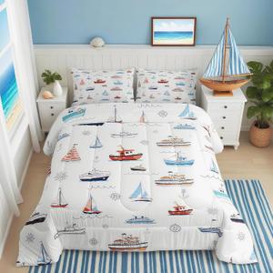 Nautical Sailboat Comforter Set Twin Size,Sea Transportation Ships Bedding Set 2Pcs,Boat Anchor Rudder Print Quilt Set,Kids Boys Girls Teens Room Decor,Blue Red White Duvet Insert,1 Pillowcase
