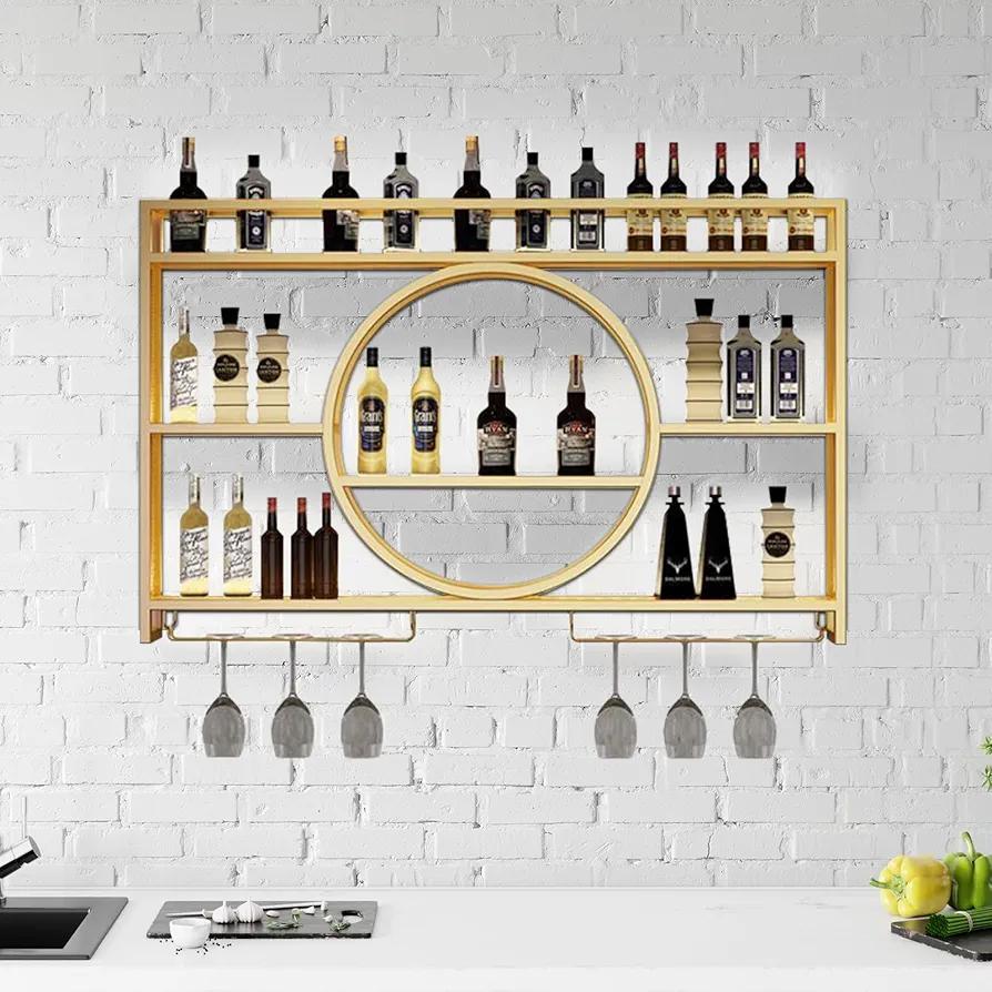 Metal Wine Rack Wall Mounted Bottle Glass Holder Hanging Shelf, Bar Unit Floating Wine Display Shelves Iron Liquor Shelf for Home Restaurant Bars Storage Stand (Gold, 55"x 5.9"x 31.5")