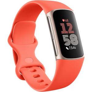 Fitbit Charge 6 Fitness Tracker with Google apps, Heart Rate on Exercise Equipment, 6-Months Premium Membership Included, GPS, Health Tools and More, Gold/Coral, One Size (S & L Bands Included)
