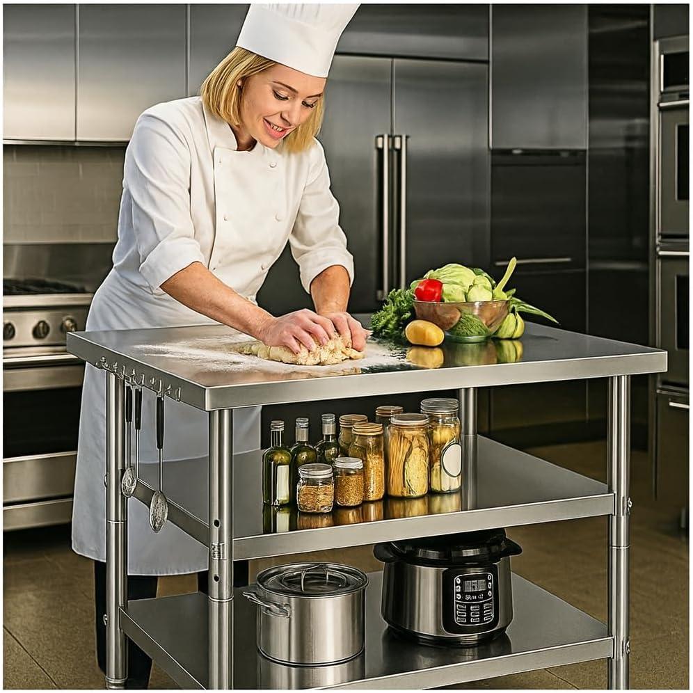 Stainless Steel Table with Wheels for Food Preparation and Work | Multi-Size Optional, Three-Layer Variable Two-Layer Metal Commercial Workbench Outdoor, Restaurant, Kitchen